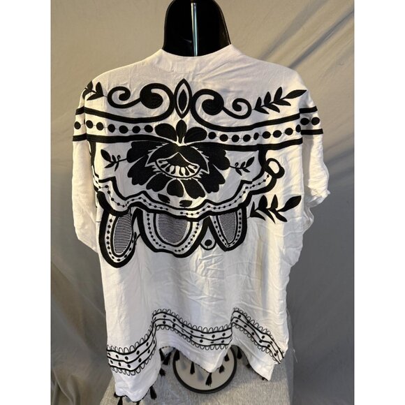 Chico's Womens White Black Pattern Duster Cardigan Sweater S/M Boho Tassels - Picture 3 of 3
